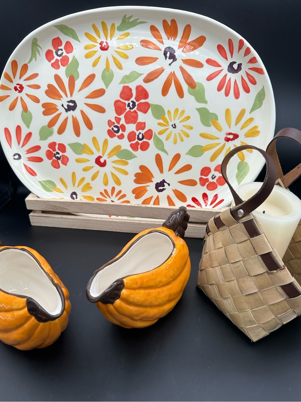 5pc Autumn Harvest Tablescape Set Platter Pumpkin Gravy Boats Candle Basket